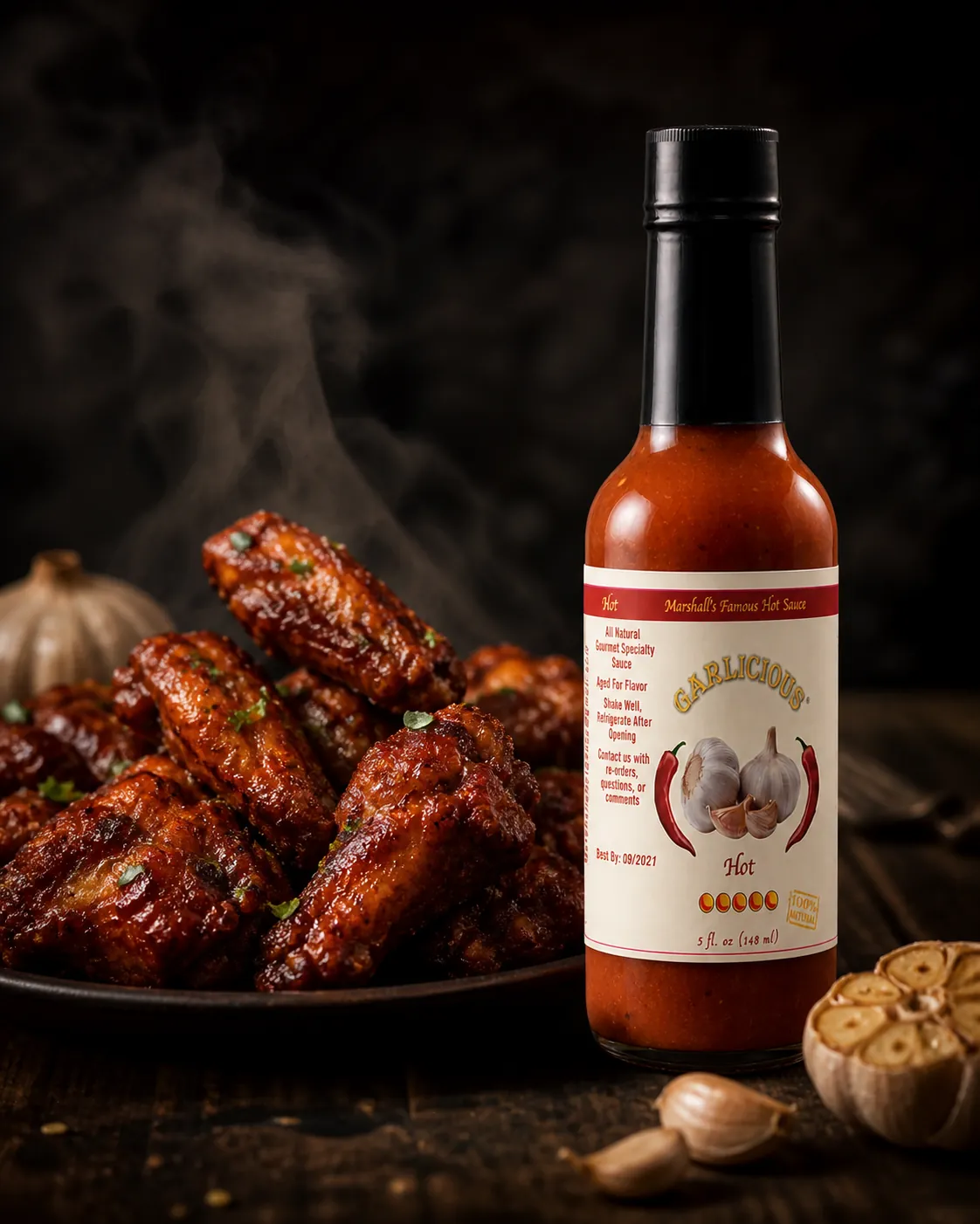 Garlicious beside a plate of hot garlic wings