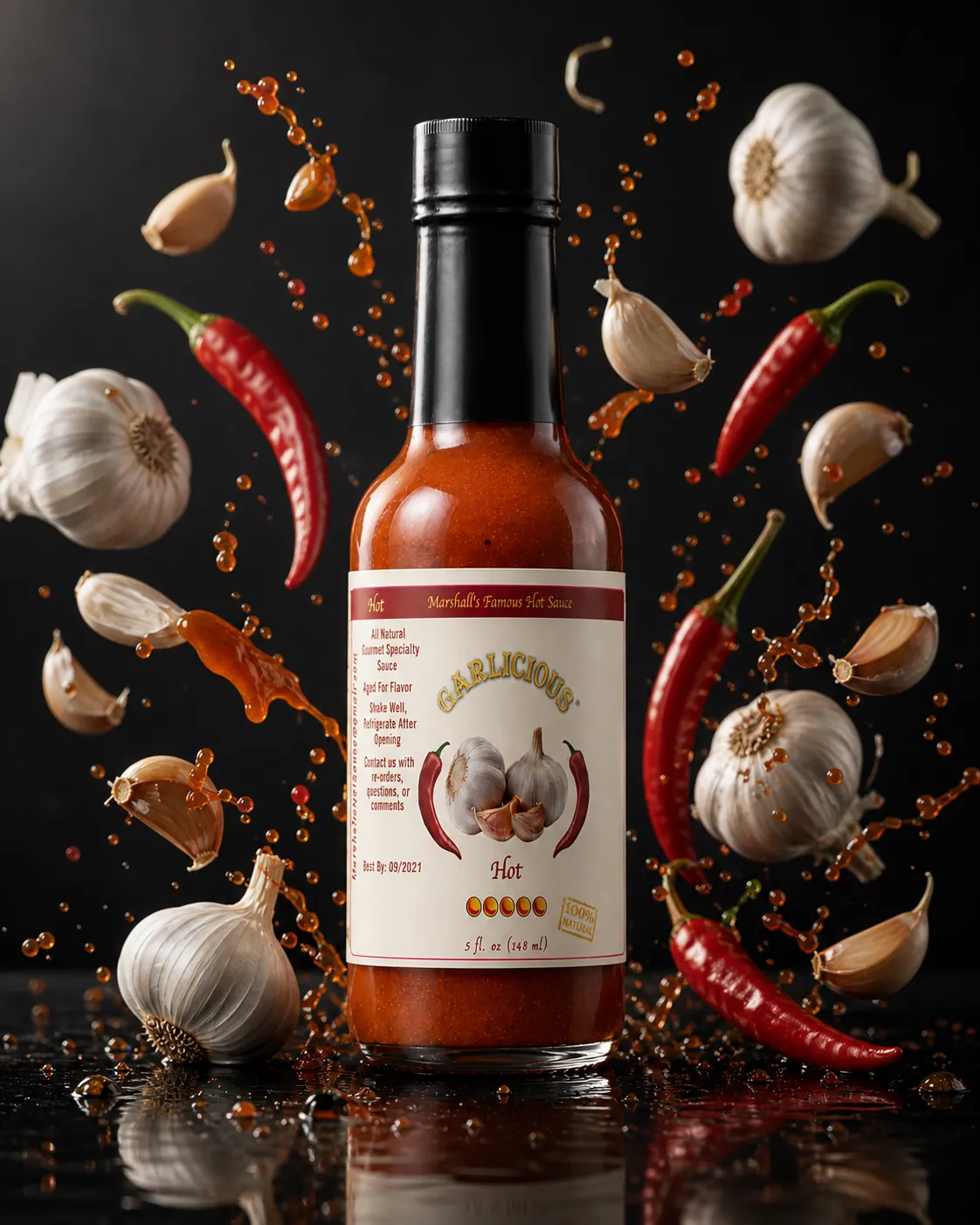 Garlicious bottle with garlic cloves and chiles suspended around it