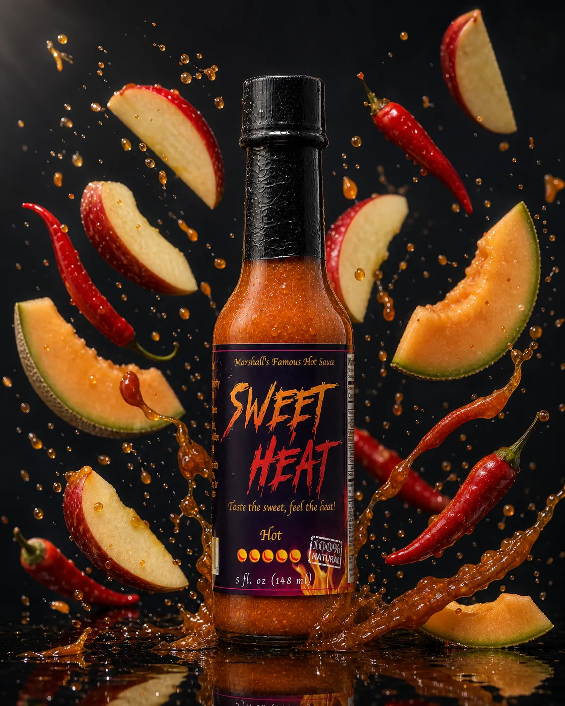 Sweet Heat bottle with apples, cantaloupe and chiles suspended around it